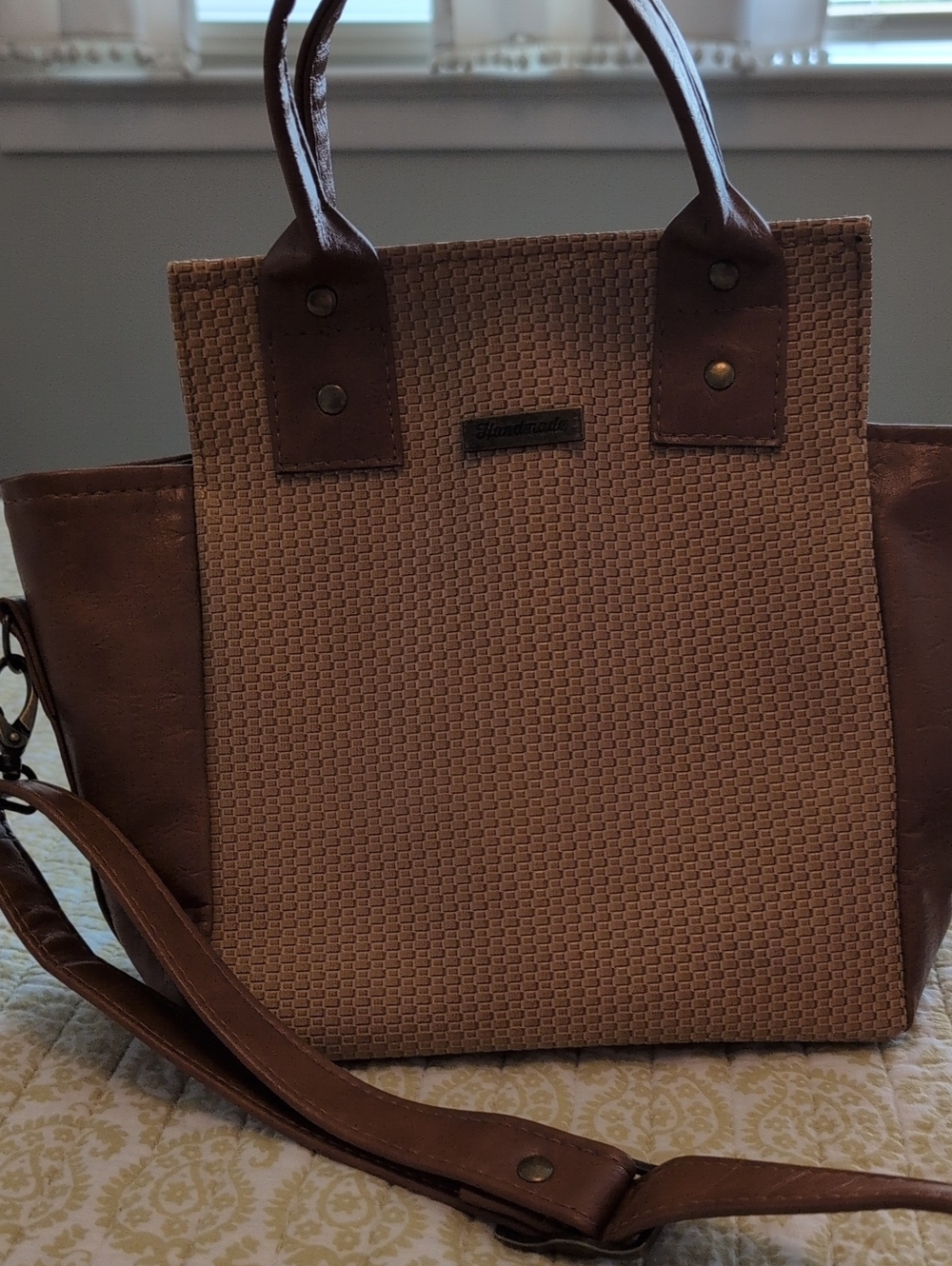 Small Woven Brown Tote Bag with Leather Accents